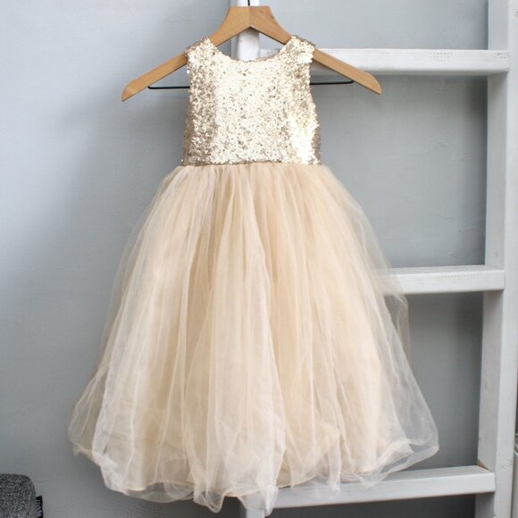 Gold Heart Cutout Sequin Formal Flower Girl Tulle Satin Dress Size 3 - Picture 2 of 6